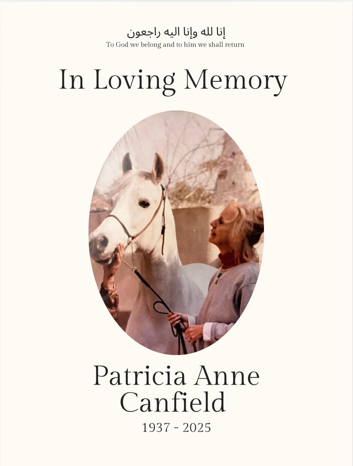 Horse Times Egypt: Equestrian Magazine :News :IN MEMORIAM: PATRICIA “PAT” CANFIELD (1937 – 2025)